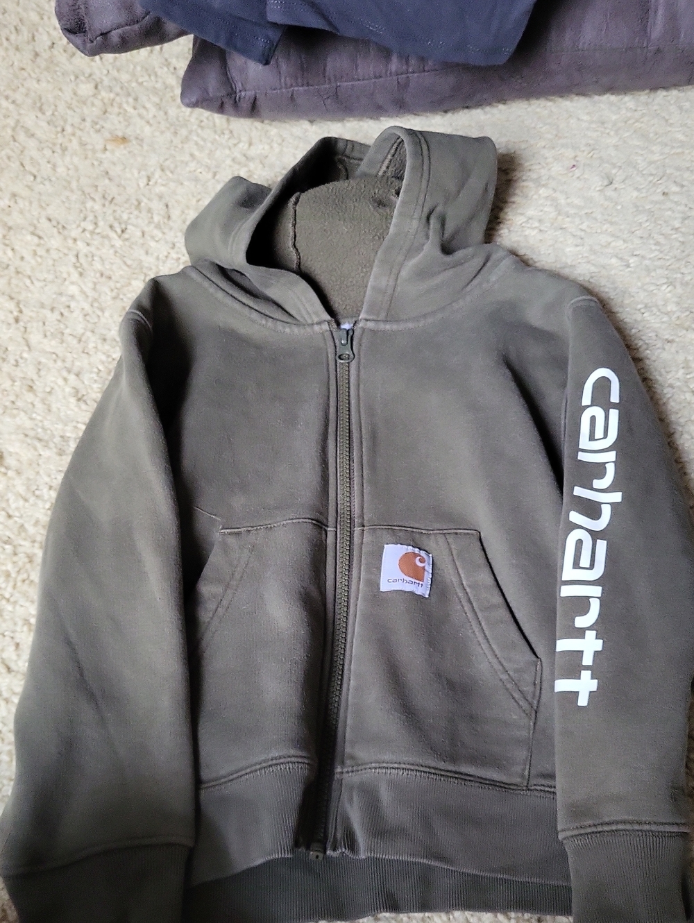 Carhartt Kids Olive Green Full-Zip Hoodie with Sleeve Logo